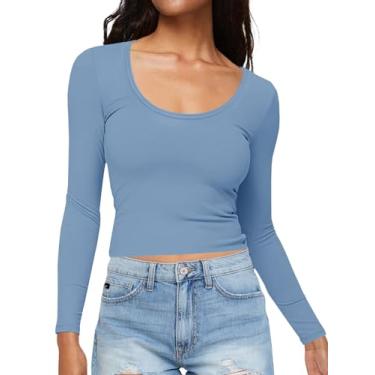 Imagem de Tankaneo Camisetas femininas de manga comprida básica, caimento justo, para sair, gola redonda, camisetas Y2K, Azul, P
