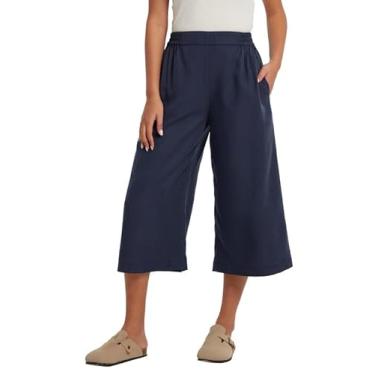 Imagem de Les umes Calça capri feminina casual de linho solta verão cintura elástica plus size calça cropped culottes de perna larga, Azul marinho, XXG