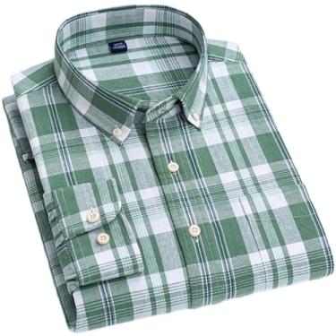 Imagem de Camisa masculina de algodão xadrez casual de linho com bolso único abotoada manga longa listrada, T0c1805, M