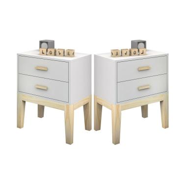 Imagem de kit 2 mesa de cabeceira infantil branca com gavetas pes e puxador de madeira estilo retro unissex