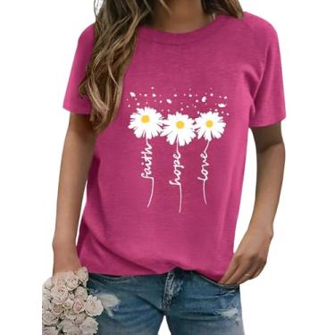 Imagem de Camisetas femininas de manga curta com gola redonda e estampa margarida verão Faith-Hope-Love Raglan Sleeve Tees Loose Fit Graphic Tops 2024, Rosa, M