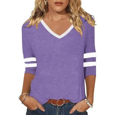 Imagem de ZUNQKG Camiseta feminina gola V manga 3/4 raglã patchwork macio casual moderno verão blusa tops tops, 01 - roxo, GG