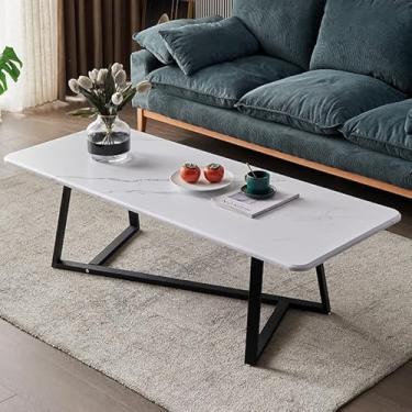 Imagem de Mesa de café pequena e moderna leve e luxuosa para sala de estar com pernas de armação de metal, mesa de coquetel retangular industrial simples, mesa média de madeira vintage, mesa de centro de metal