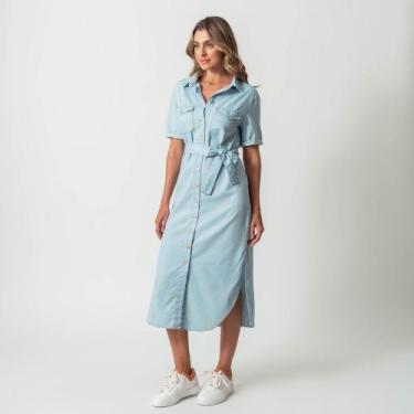 Imagem de Vestido Chemise Midi  Jeans Leve Fendas Laterais Cinto Delavê - Bloom,
