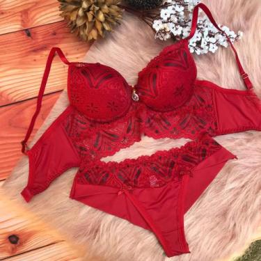 Imagem de Conjunto de Renda Bicolor com Biju - DLay Lingerie, Rosa, M