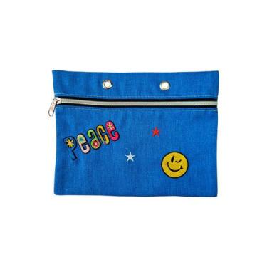 Imagem de Estojo Fichário Escolar Lápis Canetas Pincéis Bordado Azul Porta Maqui