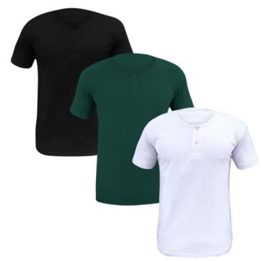 Imagem de Kit 3 Camisa Henley Camiseta Slim Botão Manga Curta Algodão Não Amassa