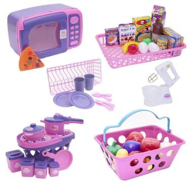 Imagem de Menina Brinquedo Cozinha Eletro Panela Cesta Comida 46pç - Altimar