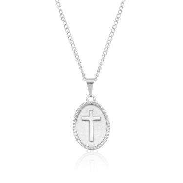 Imagem de colar corrente masculino feminino aço inox prata cruz medalha cristo j