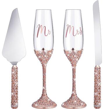Imagem de Sratte Conjunto de 4 peças de taças de champanhe e faca de bolo inclui 2 taças de champanhe de cristal de strass para torrar, taças de champanhe, faca de bolo, servir de torta, presentes de casamento para casal, noiva e noivo