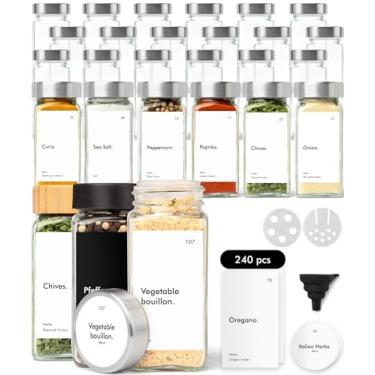 Imagem de KIVY Frascos de tempero de vidro com tampas de rótulo e coqueteleira [24 x 113 g] Recipientes herméticos de tempero para armário e gaveta - Garrafas de tempero vazias - Frascos de tempero com