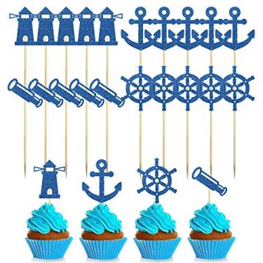 Imagem de 24 peças de enfeite de cupcake com tema náutico de feliz aniversário, chá de bebê com glitter azul/tema de vela/decoração de sobremesa de cupcake de casamento marinho, placa de telescópio de farol de