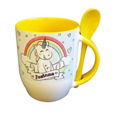 Imagem de Caneca Amarela com Colher Personalizado - Unicórnio Feliz - GMH Prod. 