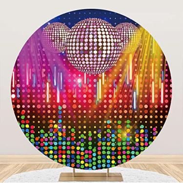 Imagem de Leyiyi 2,2 x 2,2 m bola de música redonda capa de fundo brilhante luzes neon bola discoparty pano de fundo popular musical dançarino DJ decorações de festa 70 anos 80 festa aniversário banner foto