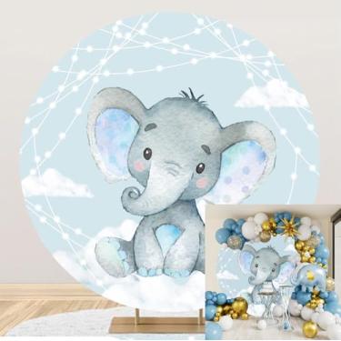 Imagem de Laeacco Fundo redondo de 1,8 x 1,8 m para chá de bebê, desenho de elefante, azul, nuvens brancas, fundo fotográfico, para recém-nascidos, revelação de gênero, crianças, festa de aniversário, adereços