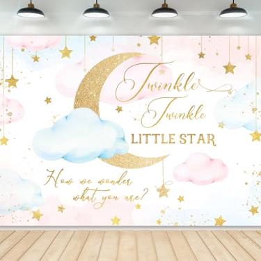 Imagem de Newsely Twinkle Twinkle Little Star Cenário de revelação de gênero 7 L x 5 A fotografia menino ou menina Como nos perguntamos o que você é decorações de fundo de festa rosa nuvens azuis faixa