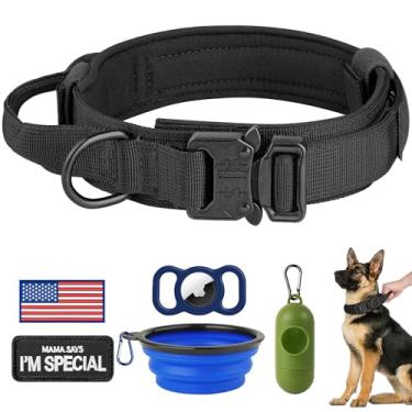 Imagem de HYDEME Coleira tática de nylon ajustável com alça de controle e fivela de metal pesado para cães médios e grandes, com patches, estojo de Airtags, dispensador de saco de cocô e tigela portátil. (GG, preto)
