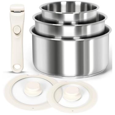 Imagem de MICHELANGELO Conjunto de panelas de aço inoxidável de 6 peças com alça removível, panela de aço inoxidável de base tripla com tampas, conjunto de panela de alça destacável, compatível com indução -