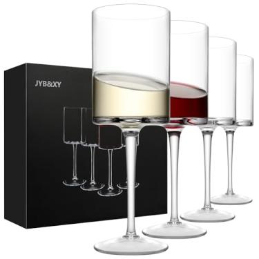 Imagem de Taças de vinho de cristal premium - sopradas à mão, aro fino, haste longa, design exclusivo quadrado - conjunto de 4, 425 g - perfeito para homens ou mulheres, casamento, aniversário, Natal, presente
