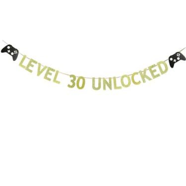 Imagem de KUNGOON Banner de aniversário desbloqueado de nível 30 de videogame, placa de papel com glitter dourado engraçado para homens ou mulheres, faixa de aniversário de 30 anos, decoração de festa de