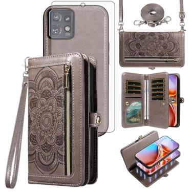 Imagem de Asuwish Capa de telefone para Motorola Edge+ Plus 2023/Edge 40 Pro 5G/Moto X40 Carteira com zíper destacável com protetor de tela de vidro temperado alça transversal porta-cartões de flores X +