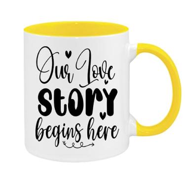 Imagem de SpreadPassion Caneca de café Our Love Story Begins Here, presente para namorado e namorada, ideia de presente de dia dos namorados, presente para marido e esposa, ideia de presente de aniversário do