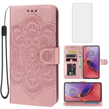 Imagem de Bohefo Capa para Moto G84, Motorola G84 XT2347 Capa carteira com protetor de tela de vidro temperado, capa flip de couro mandala com suporte para cartão de crédito para Motorola Moto G84 5G ouro rosa