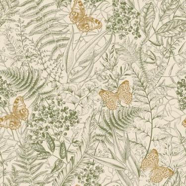 Imagem de VEELIKE Papel de parede de samambaia verde boho, borboletas, botânico, descascar e colar, papel de parede para quarto, banheiro, 48 x 38 cm, papel de parede removível de folhas vintage autoadesivo