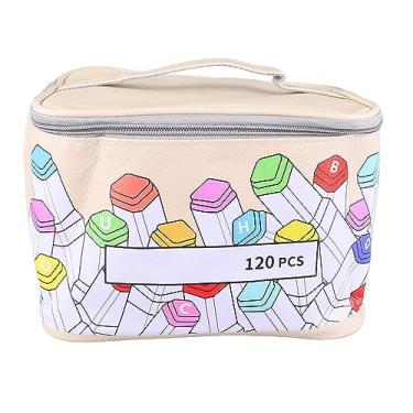 Imagem de Estojo organizador de marcadores, organizador de marcadores com 120 compartimentos, estojo de couro PU para marcadores com alça para vários marcadores, abertura grande