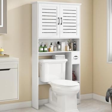 Imagem de Armário de armazenamento sobre o vaso sanitário, armário organizador de banheiro de madeira com 2 portas, espaço doméstico independente para economizar espaço para banheiro, banheiro, lavanderia,