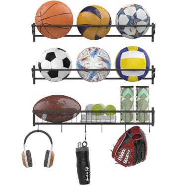 Imagem de YBING Organizador de equipamentos esportivos de garagem, rack de armazenamento de bolas montado na parede para equipamentos e brinquedos esportivos, suporte de bola com cesta e ganchos, acessório de