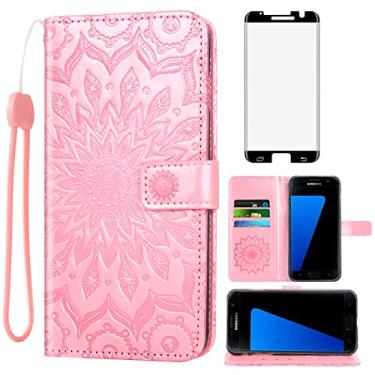 Imagem de Capa de celular para Samsung Galaxy S7 Edge, capa tipo carteira com protetor de tela de vidro temperado, capa flip de couro, suporte para cartão, celular Glaxay S7edge Gaxaly S 7 Plus, Galaxies, GS7,