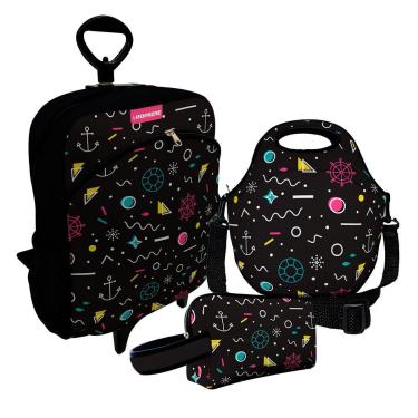 Imagem de Kit Escolar Mochila de Rodinha + Lancheira + Necessaire Plus – ISOPRENE – Abstrato Black-Unissex