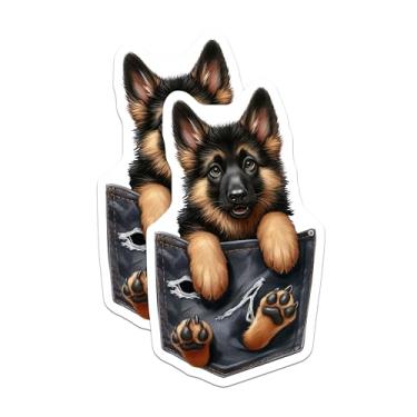 Imagem de (Pacote com 2) Adesivos fofos para filhotes de pastor alemão - Adesivos para amantes de cães - Adesivos de arte animal - 12,7 cm no lado mais longo - Gruda em superfícies planas lisas - Feito nos EUA