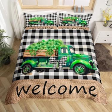 Imagem de Conjunto de capa de edredom feliz dia de São Patrício, tamanho Queen, conjunto de cama rústica trevo de quatro folhas, decoração de quarto de meninas e meninos, capa de edredom de patchwork com grades