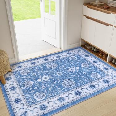 Imagem de Smiry Tapete floral, estampa vintage de 9,5 x 1,5 m, lavável na máquina, tapete antiderrapante para sala de estar, quarto, sala de jantar, lavanderia, decoração de casa interna, azul