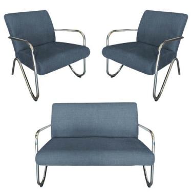 Imagem de Kit Namoradeira + 2 Poltronas Decorativa Bela Linho Azul Marinho Braço