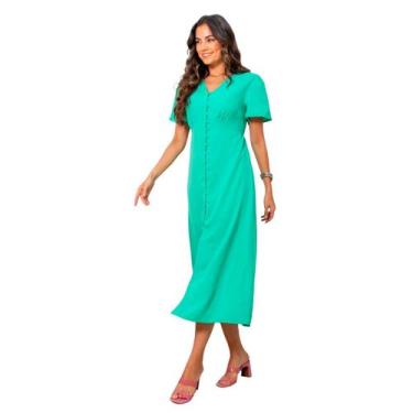 Imagem de Vestido midi feminino botões liso com fenda frontal com forro elegante