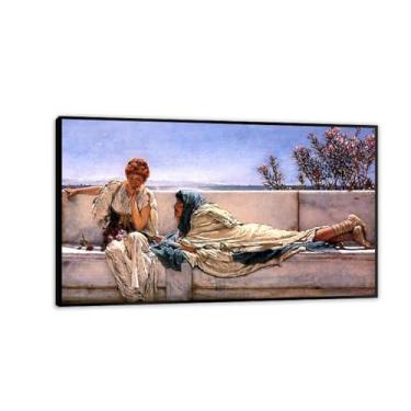 Imagem de Impressões de Lawrence Alma Tadema com moldura preta, reprodução de pintura a óleo, impressão giclée em tela, arte de parede pronta para pendurar para decoração de quarto de casa. 70 x 40 cm (28 x 16