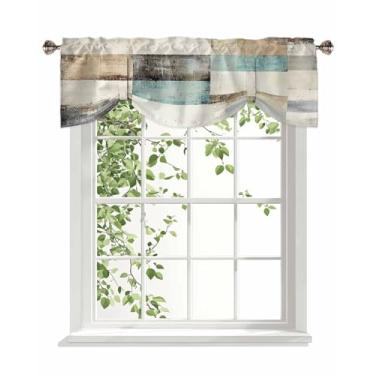 Imagem de Saia de amarrar para janelas abstrata azul-petróleo preto marrom geométrico bolso haste tratamento janela curta estilo vintage cortinas pequenas para cozinha janelas sala de estar banheiro 106,7 cm L