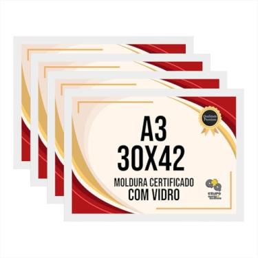 Imagem de Kit com 4 Molduras 30x42 cm - Tamanho A3 - Moldura Revestida com Vidro - Moldura para Parede, Poster, Fotografia, Fotos, etc. (Branco)