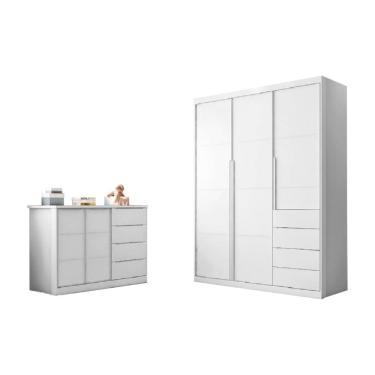 Imagem de Kit Quarto Infantil Bebê Perola Cômoda 4 Gavetas 2 Portas E Guarda Roupa 3 Portas 4 Gavetas Branco - Phoenix Baby