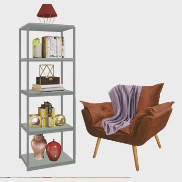 Imagem de Kit Poltrona Fatte com Manta Soft Lilás e Estante Livreiro Ferro Cinza mdf Verde Oliva Suede Terracota - Ahz Móveis