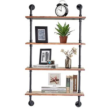 Imagem de Prateleiras de tubos industriais, prateleiras de tubo de 61 cm com tábuas de madeira, prateleiras flutuantes de 4 níveis montadas na parede, prateleiras de livros de madeira real steampunk, prateleira