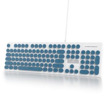 Imagem de Ussixchare Teclado de computador retrô com fio, teclado de máquina de escrever silencioso, teclados bonitos azuis iluminados com teclas redondas, retroiluminação LED, 104 teclas para PC, laptop (azul)