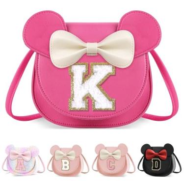 Imagem de XSUIOY Bolsa infantil para meninas, presente de aniversário para crianças, bolsa infantil com inicial personalizada, lindo laço de orelha, presente de menina, Grande-rosado-branco, K, K