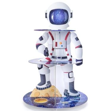Imagem de VorkiVecKi Suporte Para Cupcakes Do Espaço Sideral - Bolo De Aniversário Menino Astronauta 3 Andares, Decoração Sobremesas, Tortas, Bolos, Torre Papel Chá Bebê, Mesa Azul, Suprimentos Festas