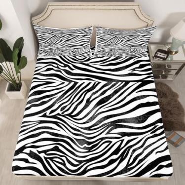 Imagem de Feelyou Jogo de lençol solteiro com estampa de animal zebra, preto e branco, microfibra e arte abstrata