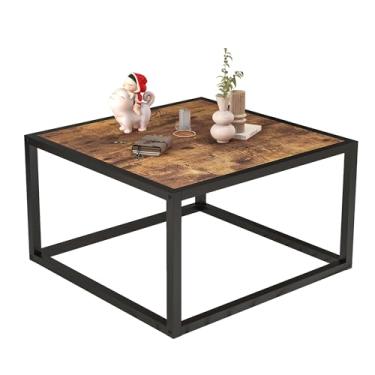 Imagem de ARFARLY Mesa de centro quadrada para sala de estar, mesa central simples de chá e café, mesa lateral moderna com tampo de madeira e moldura de metal resistente, montagem fácil, preto e marrom rústico