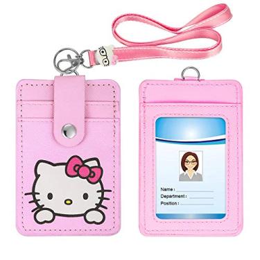 Imagem de 【 2020 】 Porta-crachá de identificação Woosifun linda capa para cartão de crédito com chaveiro de escudo de desenho animado para estudantes, adolescentes, meninos e meninas e mulheres (gato rosa)